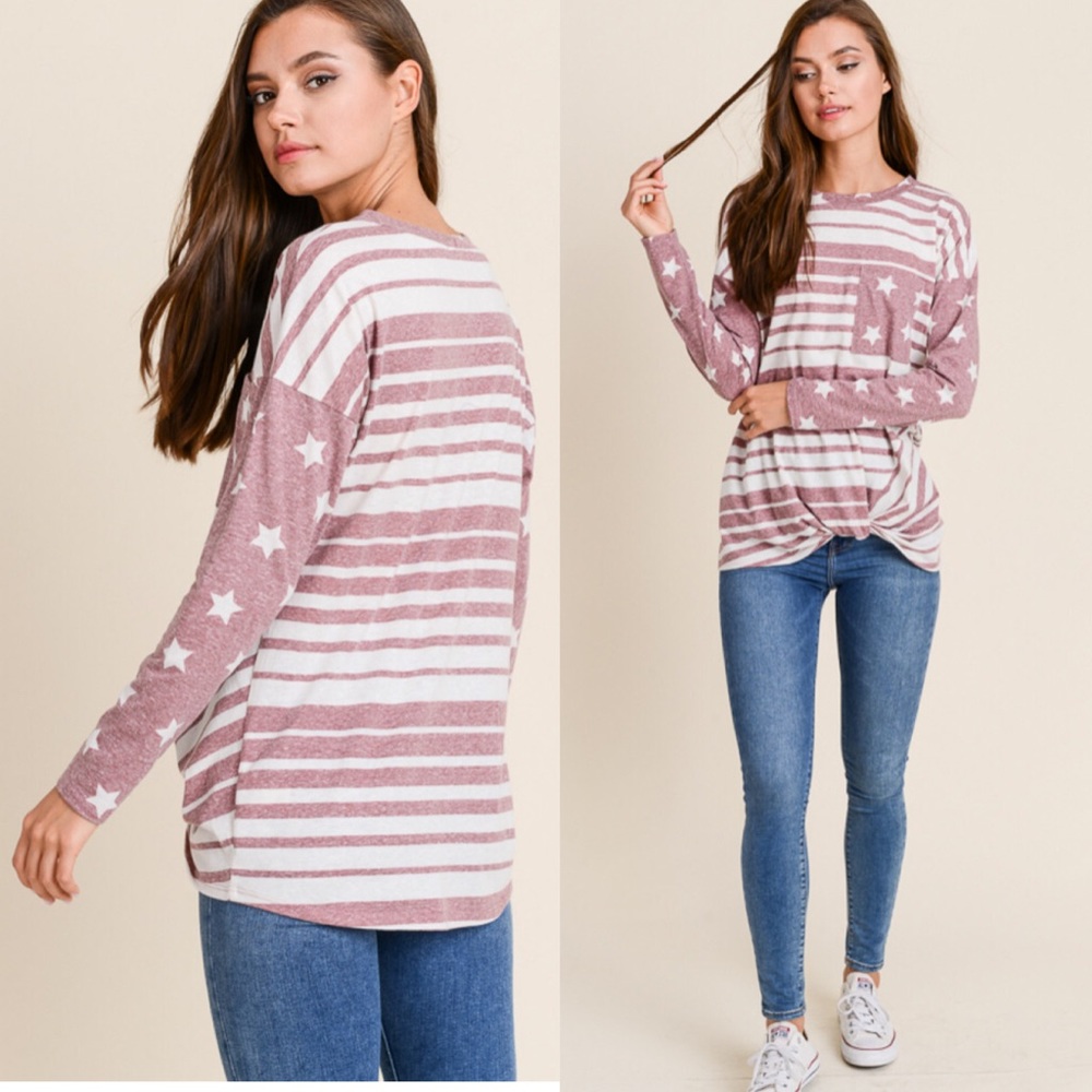 Front Knot Star Print Long Sleeve Top